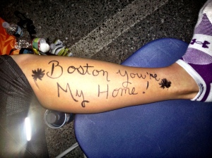 Body Graffiti pre-race... "Katie" on left leg, "Boston You're My Home" on right. Means more now than ever before 